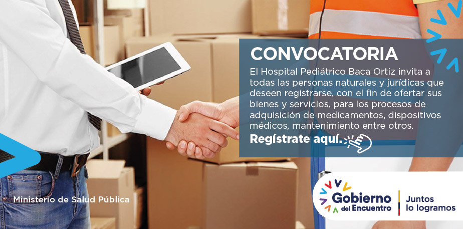 Dos personas están estrechando sus manos. Se está dando información sobre la convocatoria que está realizando el Hospital